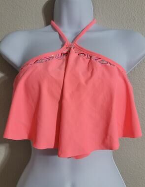 SO Bright Orange Embroidered Halter Bikini Top Small Padded Lightweight Lined